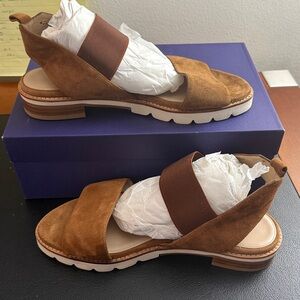 Stuart Weitzman suede tan open toe sandal & box & dust bag. Worn twice. Clean